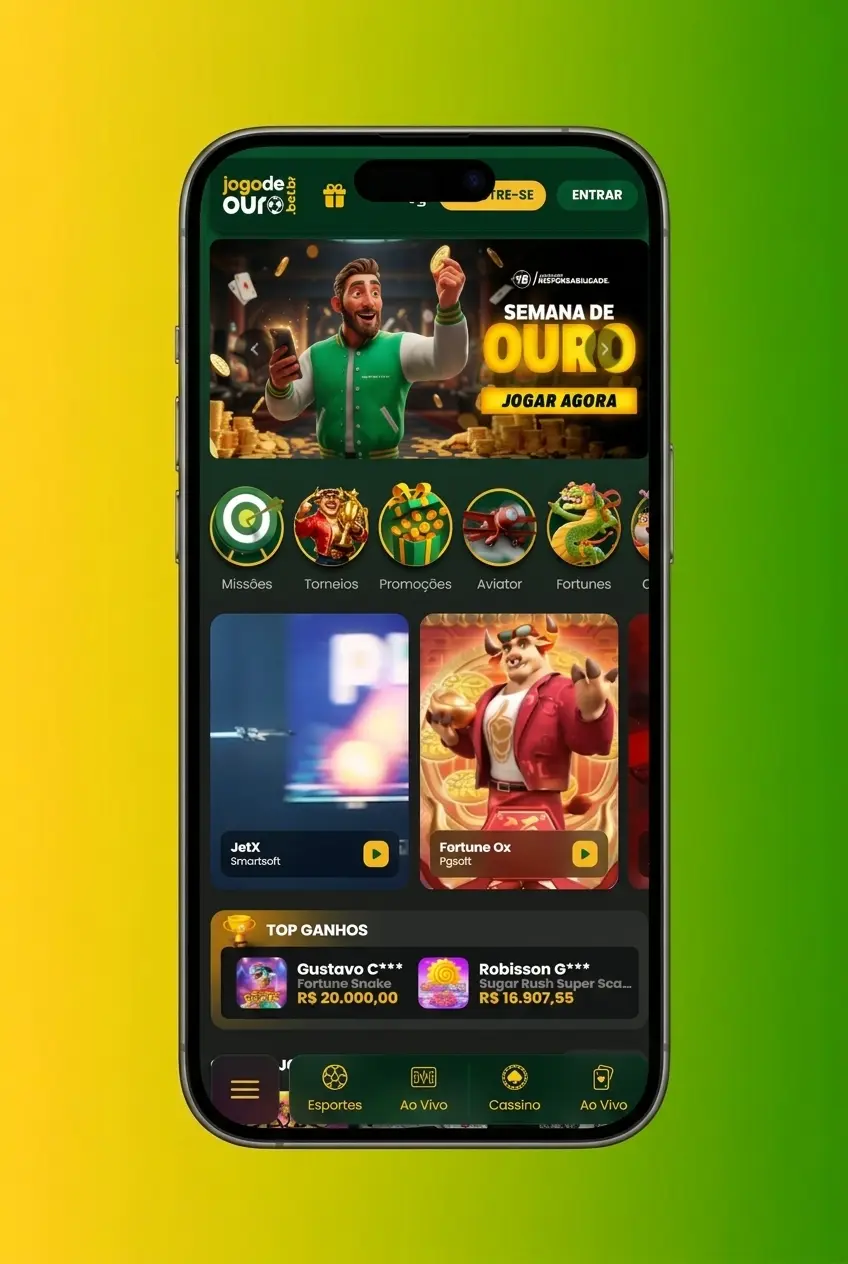 App da Jogo de Ouro aberto em smartphone mostrando apostas em tênis com odds ao vivo e opção de depósito via Pix