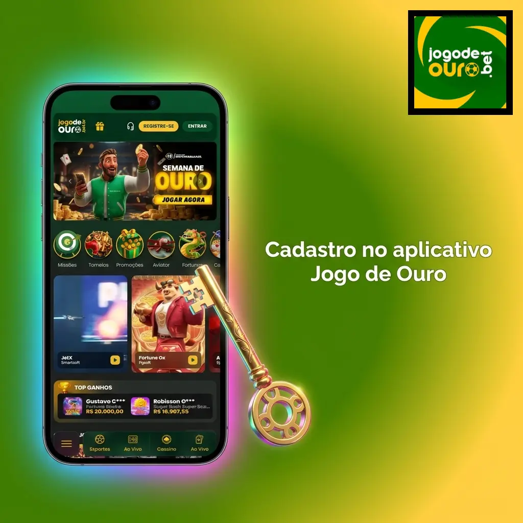 Tela do aplicativo Jogo de Ouro mostrando o processo de cadastro com campos de nome, CPF e e-mail