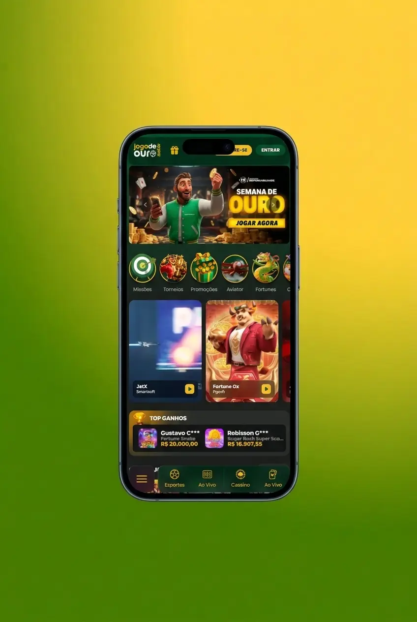 Aplicativo Jogo de Ouro aberto em smartphone mostrando apostas em MMA com odds ao vivo e navegação mobile