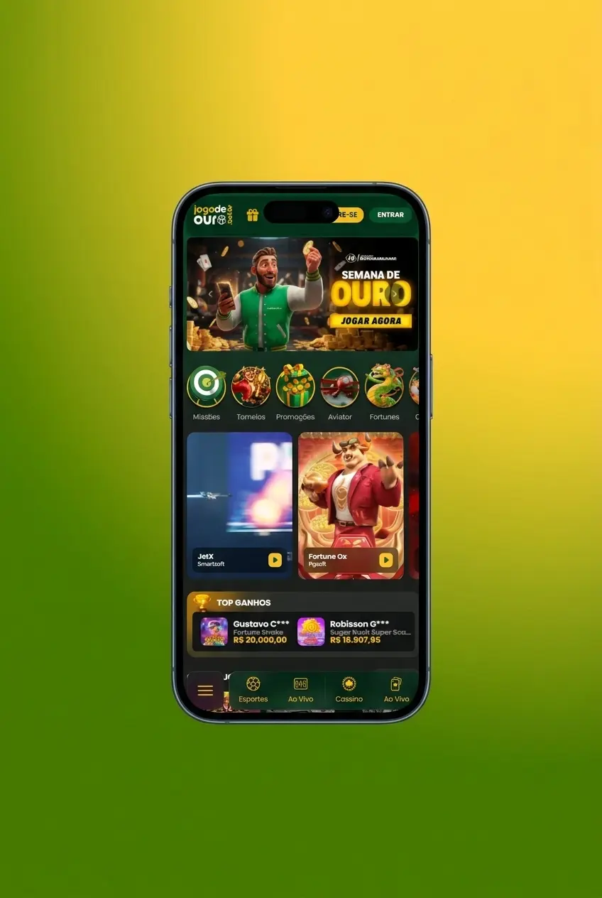 Aplicativo Jogo de Ouro aberto em smartphone mostrando apostas em MMA com odds ao vivo e navegação mobile