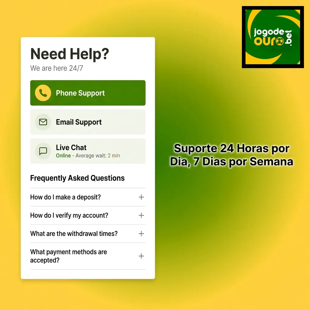 Equipe de suporte Jogo de Ouro disponível 24/7 em português via chat ao vivo, e-mail e FAQ