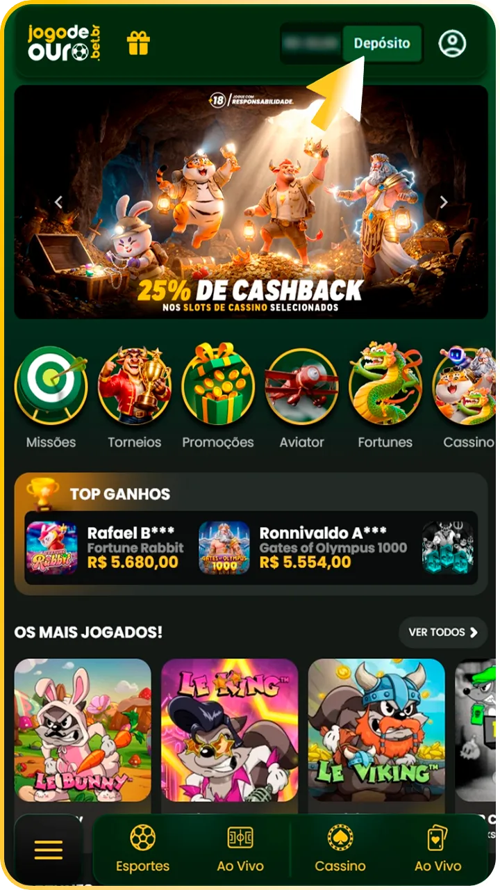 Adicione saldo à sua conta Jogo de Ouro.