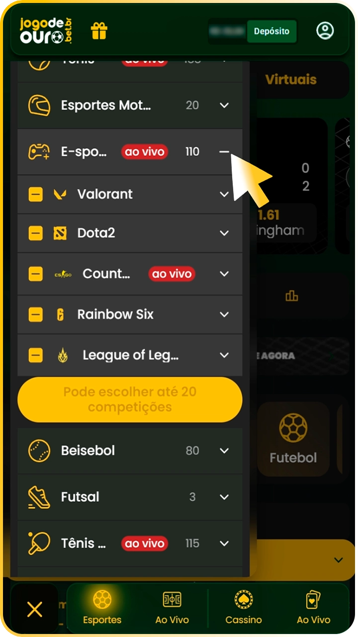 Explora la sección de deportes electrónicos Jogo de Ouro.
