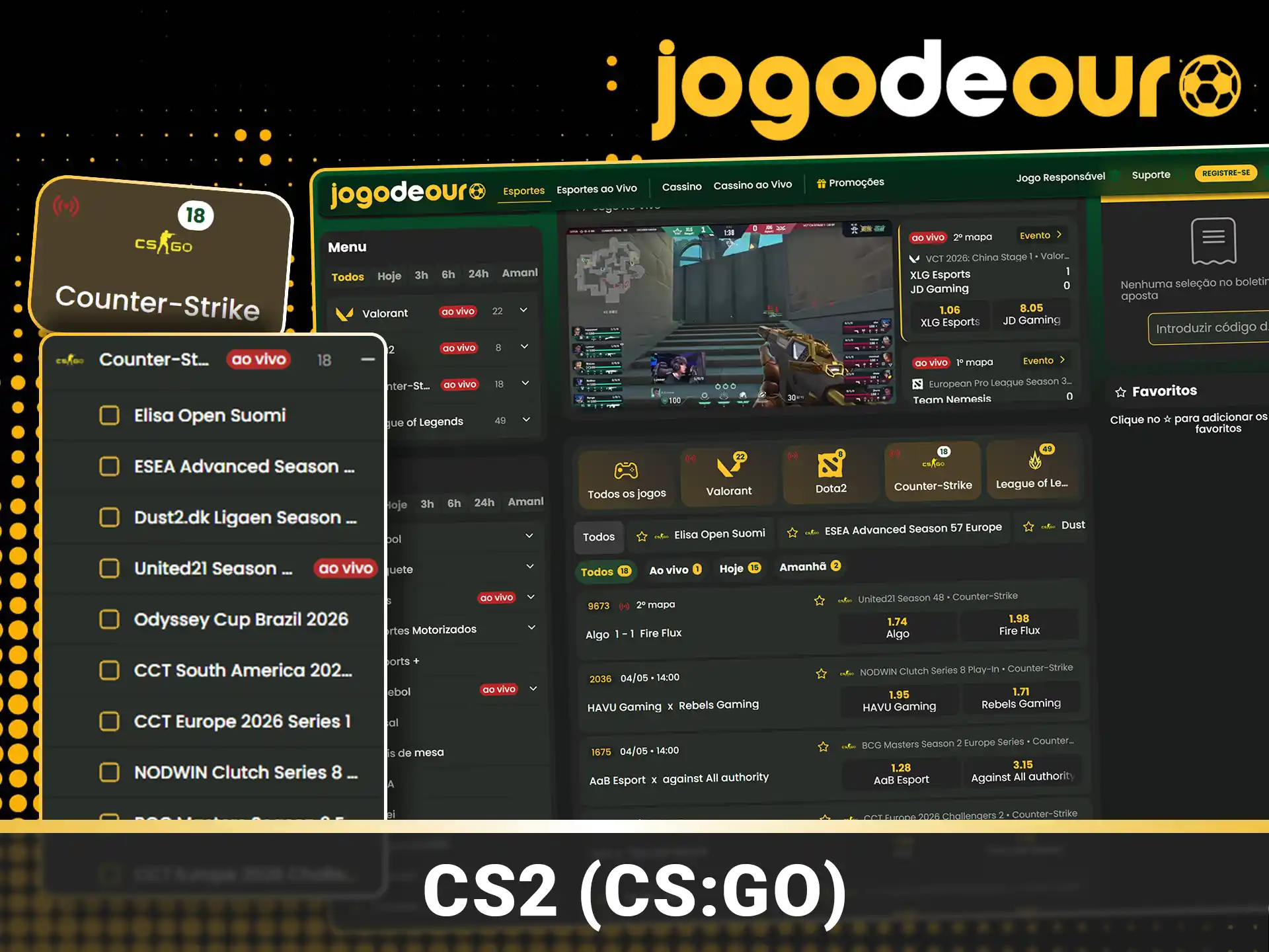 Aposte em CS2 no site Jogo de Ouro.
